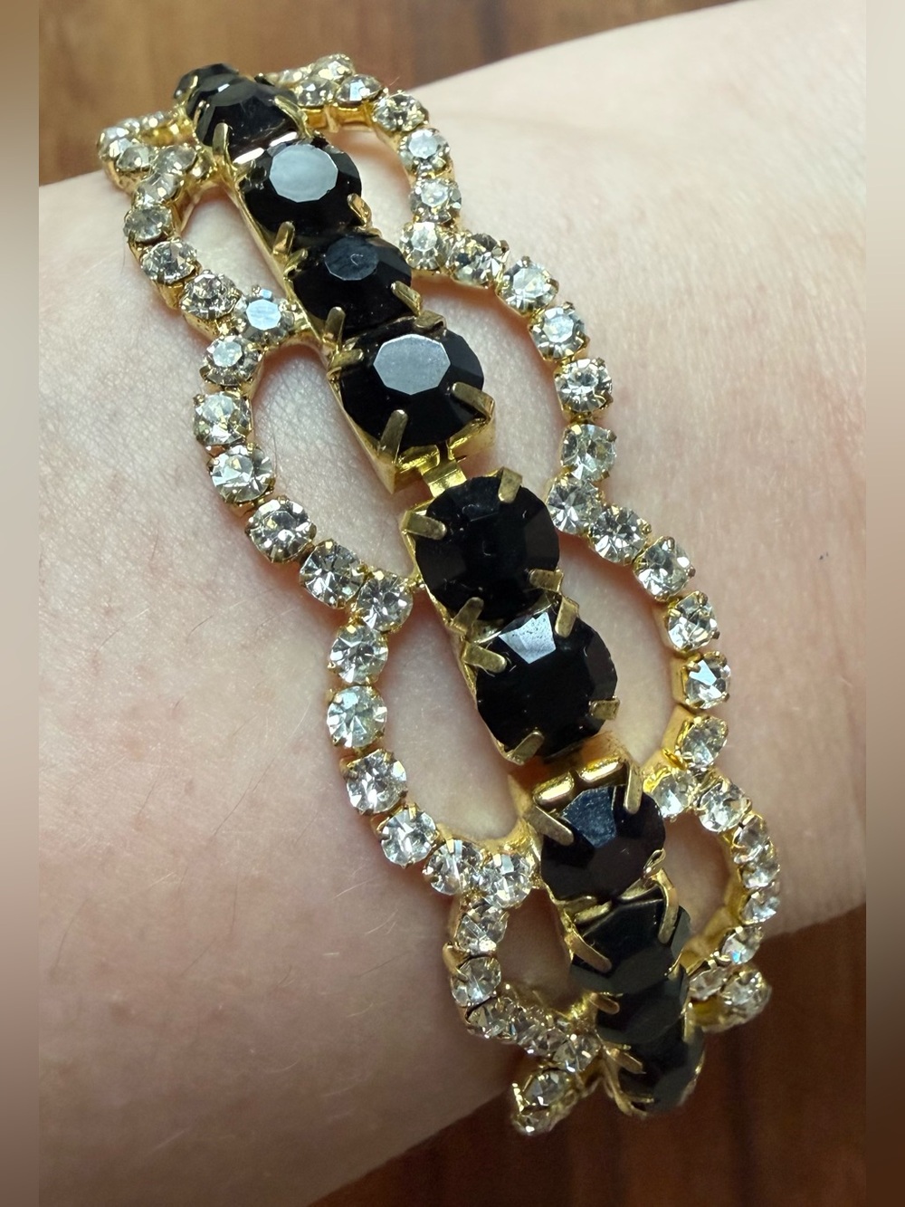 Vintage Gold-Tone Bracelet with Black and Clear Rhinestone Statement